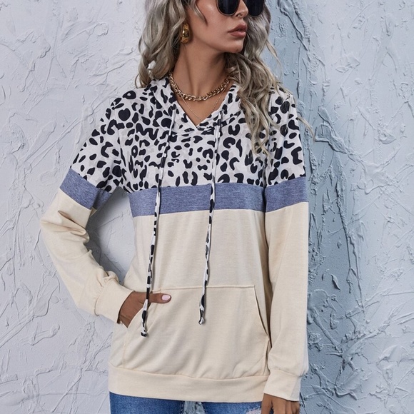 leopard print kangaroo pocket beige hoodie top - Picture 5 of 5